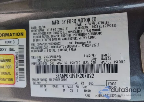 2018 Ford Fusion Hybrid Titanium z USA, uszkodzony, nr VIN 3FA6P0RU9JR207022